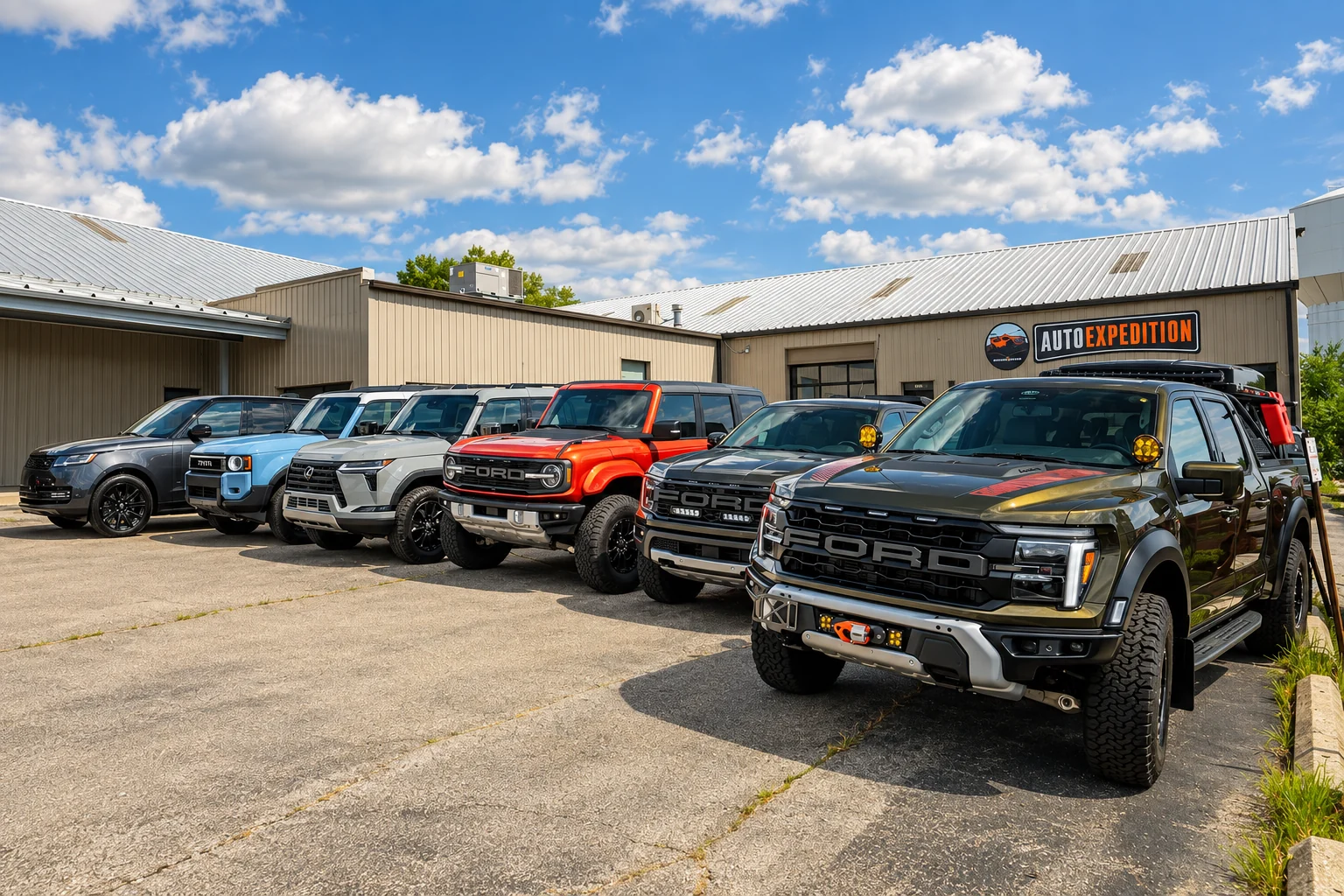 A lineup of off-road vehicles outside the Auto Expedition facility