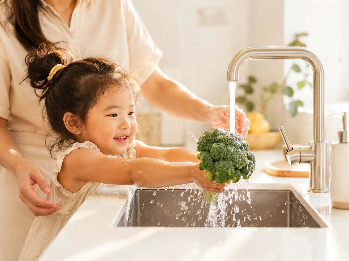 A child rinsing broccoli under a kitchen faucet with an adult nearby